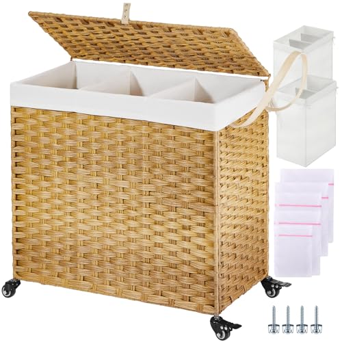 Greenstell Laundry Hamper with Wheels&Lid, 130L Large 3 Sections Clothes Hamper with 2 Types Removable Liner Bags, 5 Mesh Laundry Bags, Handwoven Divided Laundry Basket for Clothes, Natural