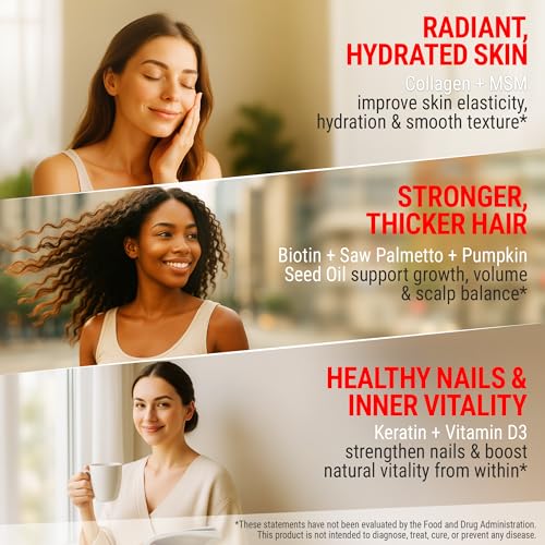 Image of New Elements 9X Hair Skin and Nails Vitamins - Biotin 10 000 mcg with Horsetail Supplement, Collagen, Keratin, Niacin, MSM, D3, Saw Palmetto, Pumpkin Seed Oil | Supports Hair Growth for Men & Women