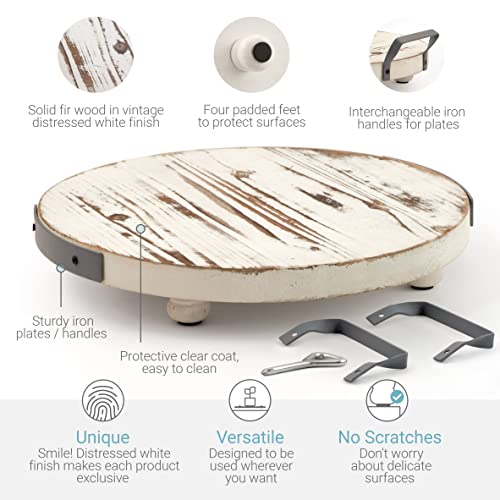 Bowerish Vintage Round Wood Riser For Decor - Wooden Cake Stand Rustic - Farmhouse Pedestal Stand - 12 Inches Tray Riser, Interchangeable Iron Handles For Plates #TOP4