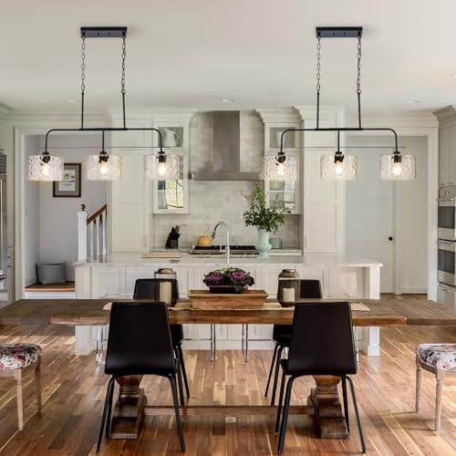 Image of 36 inch Linear Chandelier with Clear Rippled Glass Shades 3-Light Black Linear Pendant Light, Industrial Hanging Chandelier for Kitchen Island, Dining Room, Living Room, Pool Table