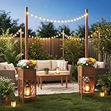 Congfutt 2 Pack 8.6FT Outdoor String Light Poles with Planter Box, Freestanding Patio Light Posts for Hanging Lights, Wood Lattice Planter with Bottom Storage Shelf, Weatherproof, Lights Not Included