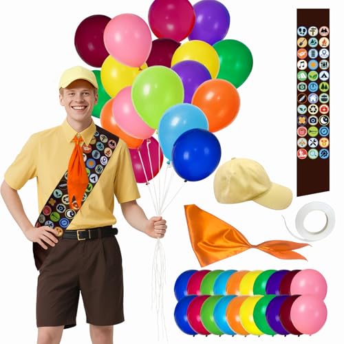 Scout Costume Set Adult Wilderness Explorer with Yellow Hat Orange Neckerchief Merit Badge Sash Balloons Adjustable Fit for Cosplay Halloween Role-Play