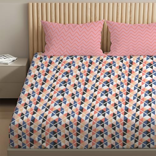 Image of Livspace Cotton Queen Size Bedsheet for Double Bed | 100 inch x 88 inch | 144 TC Flat Cotton Bedsheet with 2 Pillow Covers, Soft & Breathable - Bello Pure Nest Collection (Pink Blue)