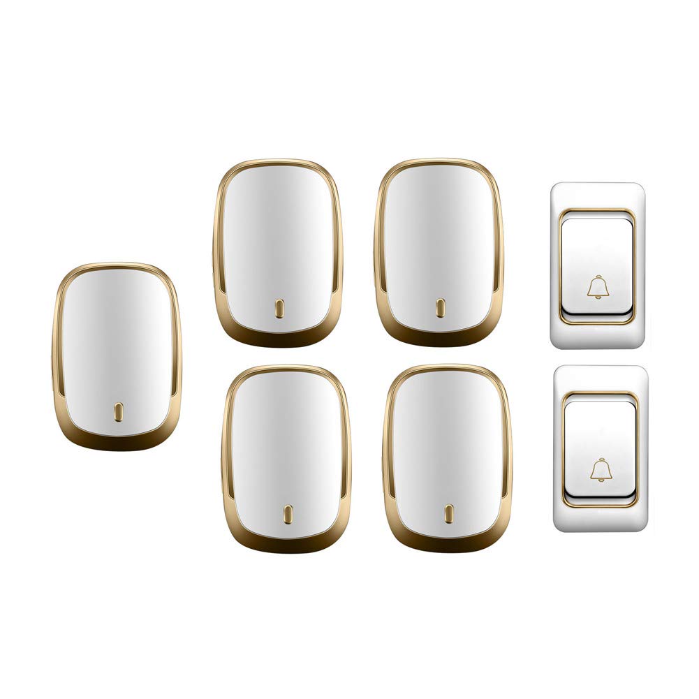 Campanello Wireless Impermeabile Ip44, Kit per Campanello A Distanza Ultra Lunga per La Casa, 2 Pulsanti + 5 Ricevitori, 36 Suonerie, 4 Livelli di Volume, Oro