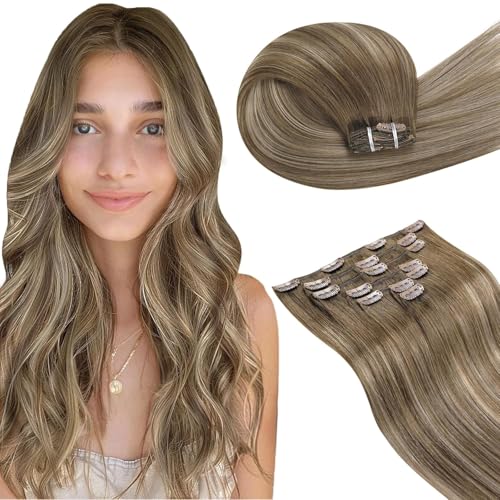 Image of LaaVoo Clip In Hair Extensions, Long Straight, 24 Inch | Light Brown Interwoven Golden Brown Balayage, 120g 7pcs, Clip In Hair Extensions Real Human Hair, Smooth, Natural Shine