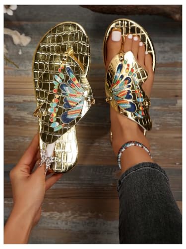 GORGLITTER Women's Gold Metallic Flip Flops Butterfly Open Toe Slip On Dressy Thong Sandals Slides 20252