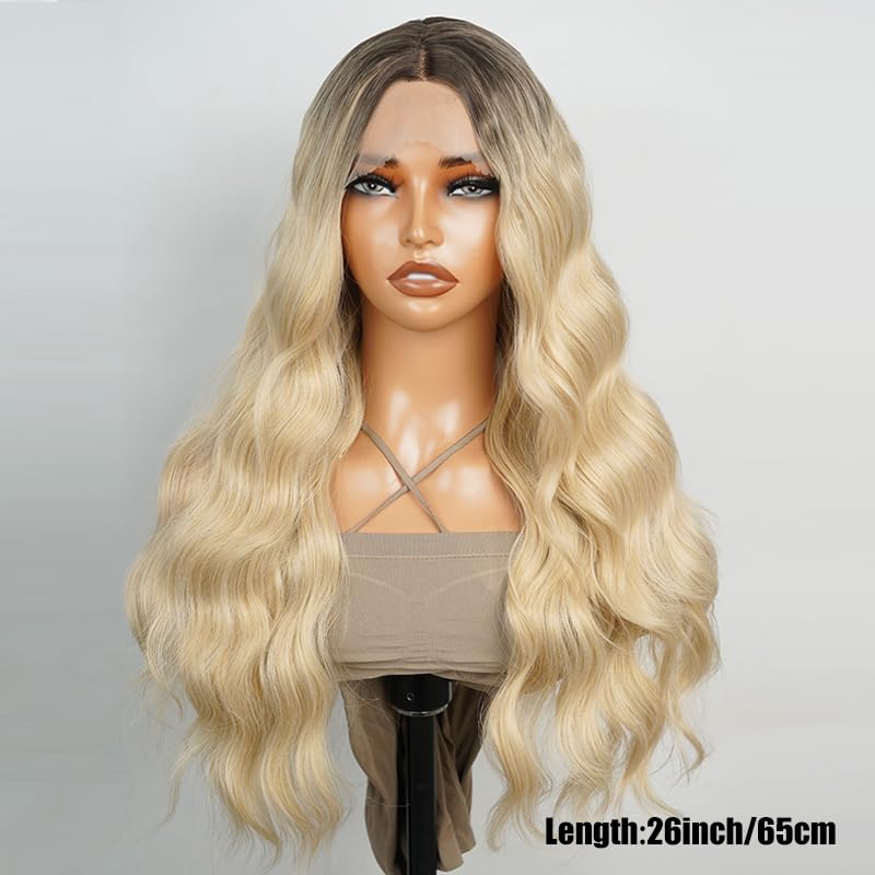 Alipearl Hair Long Ombre Blonde Lace Wigs For Women 26 Inch Honey Blonde T Part Lace Front Synthetic Hair Wig Natural Wave Middle Part Heat Resistant Synthetic Wigs