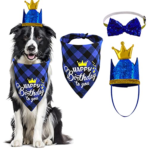 Coobe Hundegeburtstags Bandana Hut Fliege Set, 3 teiliges Hundegeburtstags Party Zubehör Hundekariertes Bandana Bling Kronen Hut Glitzer Fliege Halsband für kleine mittelgroße Hunde