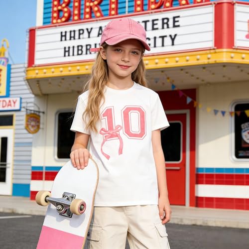 Image of Girl Birthday Shirt 10th Birthday T-Shirt Bow 10 Year Old Bday Short Sleeve Tee Top Tenth Party Outfit