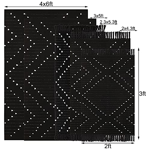 Boho Kitchen Runner Rug 2.3’ X 5.3’, Black Hand Woven Cotton Washable Indoor Rugs With Tassel, Moroccan Geometric Diamond Farmhouse Throw Carpet For Bedroom Living Room Entryway Home Decor #TOP3