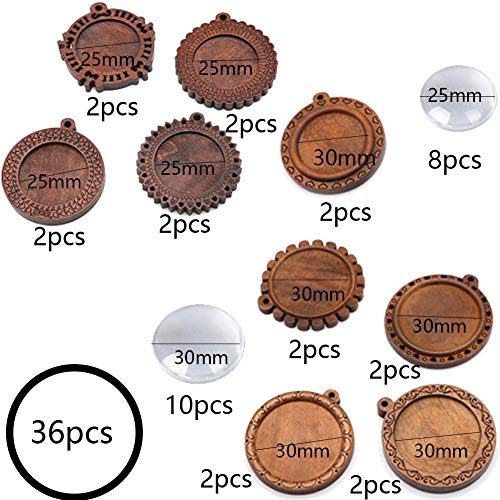 DAHI 18pcs Bezel Pendant Trays Round Wooden and Glass Cabochon Round Clear Dome, Pendants with Glass Cabochons - Image 2
