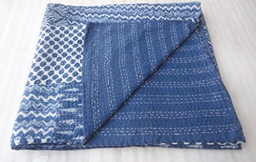 Indigo Blue Bedspread King Size Hand Block Print Machine Stitch, 90 X 108 Inches