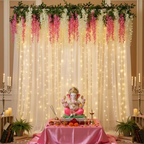 Image of Party Propz White Backdrop for Decorations with Artificial Ivory and Pink Wisteria Flower - 9 Pcs Net Curtain Backdrop Decoration for Wedding, Haldi, Puja, Birthday, Background Decoration Items