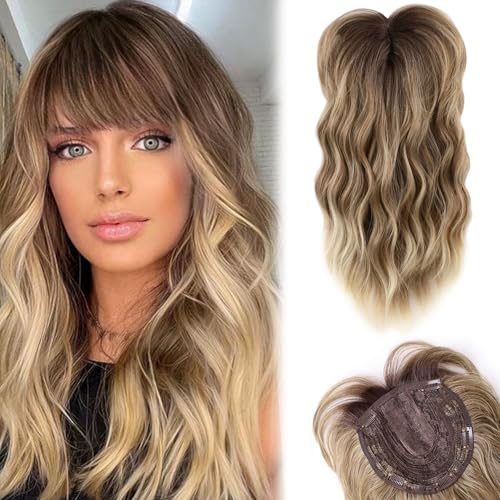 LEEONS 18-Inch Long Wavy Hair Topper for Women With Thinning Hair - Synthetic Wiglet in Ombre Walnut Brown to Ash Brown and Bleach Blonde