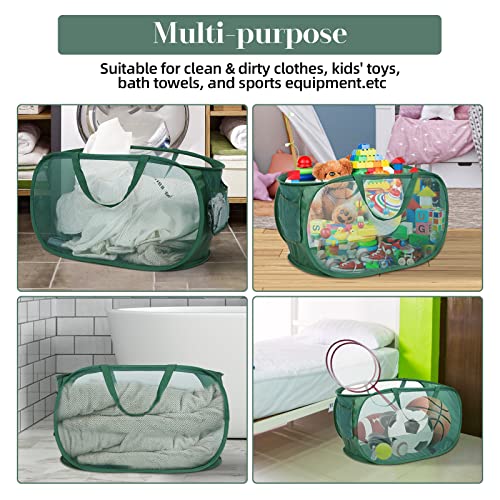 Image of Sturdy Mesh Pop Up Laundry Hamper, Collapsible Laundry Baskets with Side Pocket, Foldable Clothes Hamper with Reinforced Carry Handles for Laundry, Bathroom, Kids Room, Dorm or Travel 2 Pack Emerald