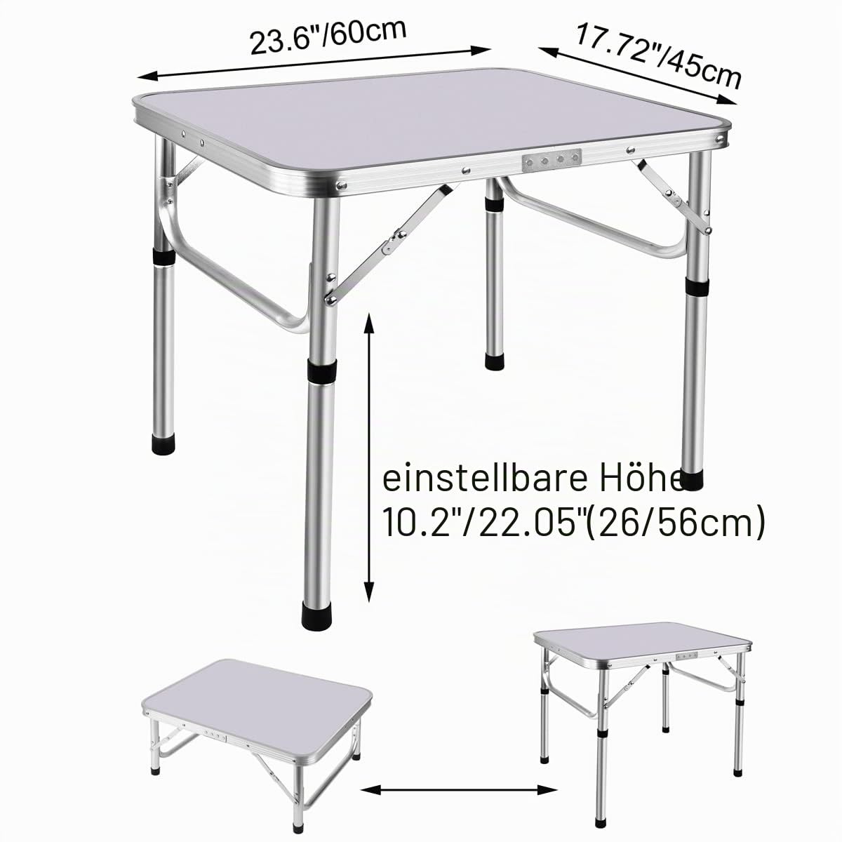 Lucn Klappbarer Campingtisch 60 cm - Tragbarer und faltbarer Picknicktisch für drinnen und draußen, Garten, Balkon, Markt, Küche, Arbeitstisch, 2 Höhen: 20 cm/56 cm, Größe des