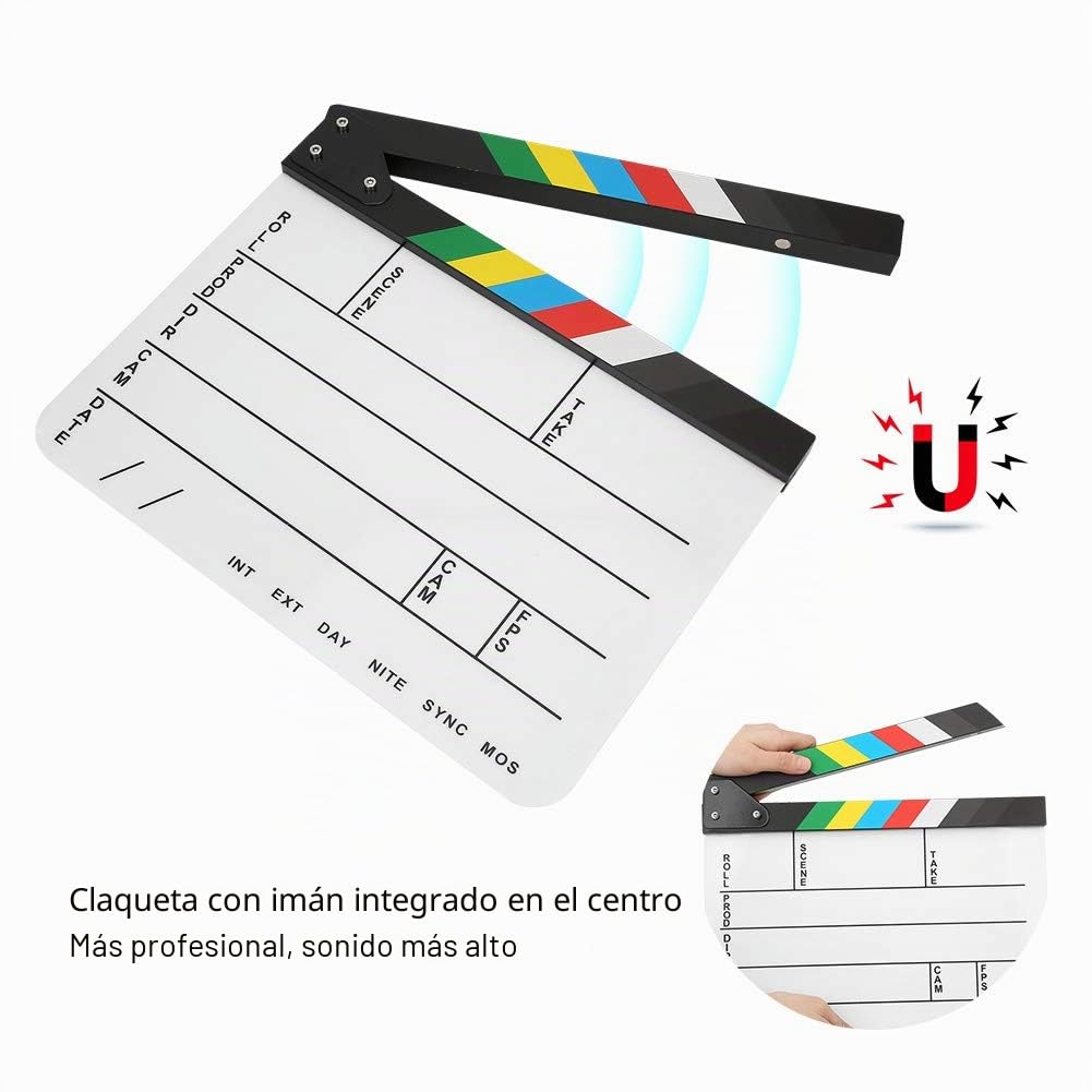 30x25CM Acrílico Claqueta de cine Director profesional Acción Clap Película Fotografía Herramienta para amantes del cine, Cineasta aficionado, Imán incorporado(vistoso)