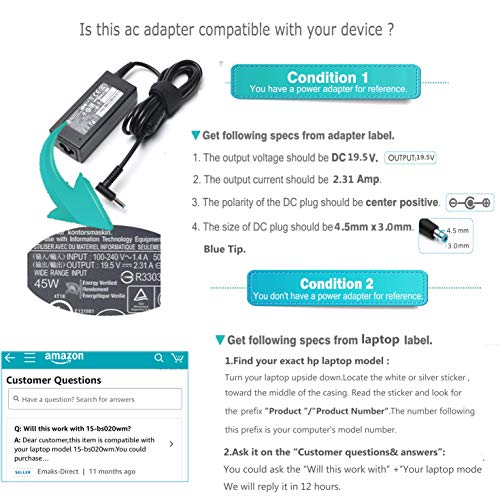 19.5V 2.31A 45W Emaks Ac Adapter/Laptop Charger/Power supply for HP PAVILION 15-F:15-f111dx 15-f272wm 15-f211wm 15-f271wm 15-f233wm 15-f387wm 15-f211nr 15-f337wm 15-f224wm 15-f269nr 15-af093ng and mor - Thumbnail 5
