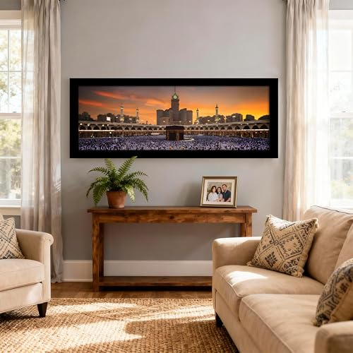 Image of PAINTINGMANTRA Makka Madina Kaaba Islamic Arabic Landscape Wall Art Framed Luxury Paintings for Home Decoration, Living room, Bedroom and Office Decoration (99x38 CM)