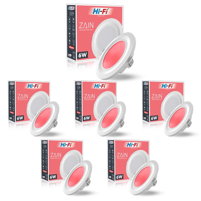 Image of elleys' Zain 6 Watt Junction Box Led Ceiling Light| Cut Out- 75 mm|BIS Certified| Red Color Ceiling Light for Hall,Room,Office | Led Downlighter Colour (Red) Pack of 6