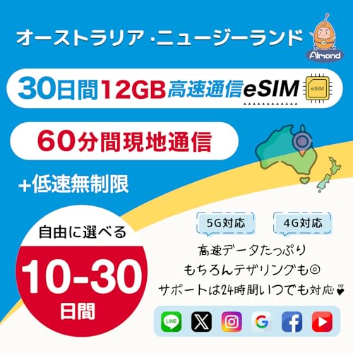 �yAlmond eSIM�z �I�[�X�g�����A �j���[�W�[�����h esim 30���� ���v15GB�i12GB+3GB�������ʁj �����f�[�^�ʐM �ᑬ�f�[�^������ ���n�ł�60���� ���n�����ʘb 10-30���ԑI���\ �������s�\ LINE��24���ԃT�|�[�g 