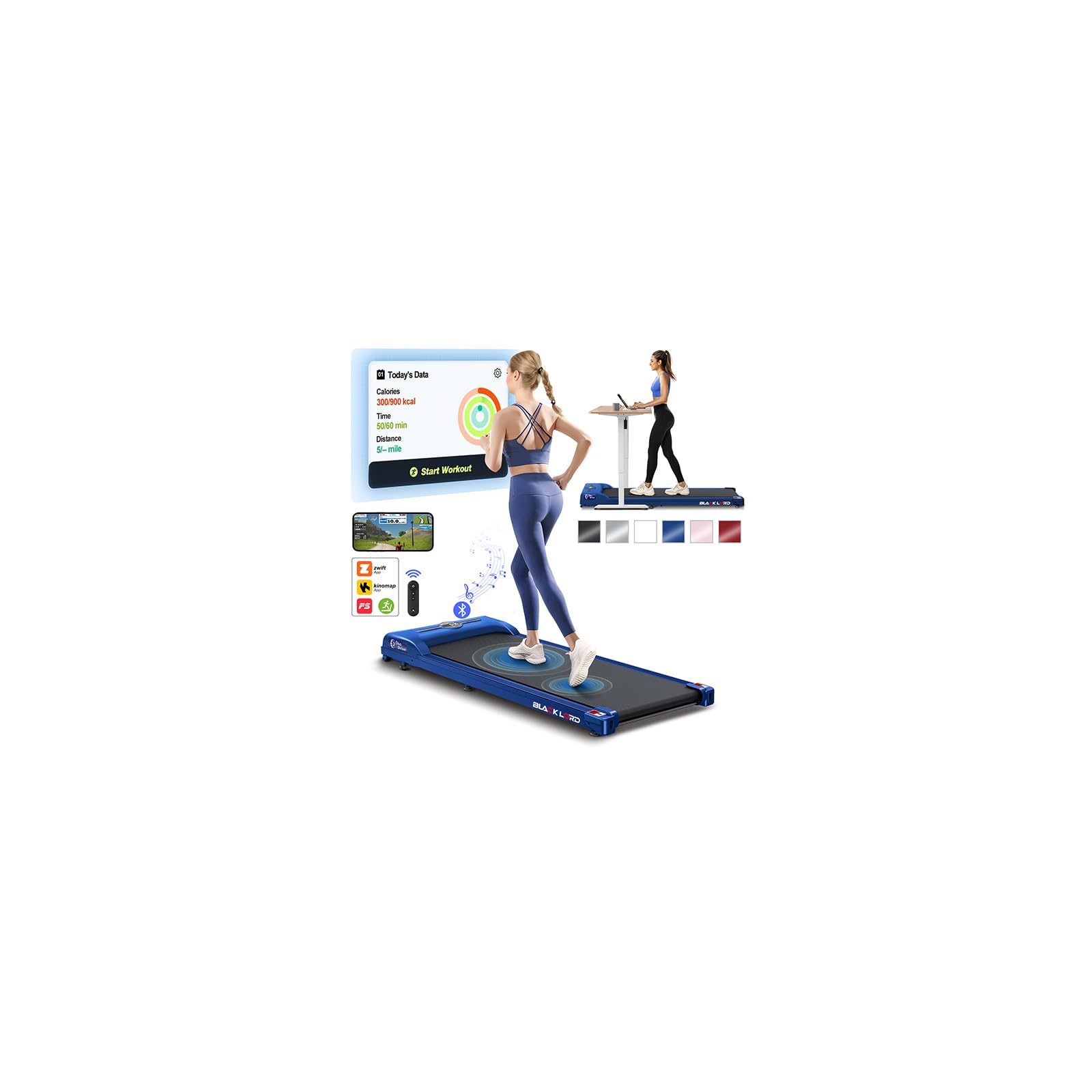 BLACK LORD Flat Walking Pad, Compact Under Desk Treadmills for Home with LED Display, Bluetooth Speaker, Remote Control, Portable Running Machine, 120KG Loads, 1-9km/h, for Jogging, Walking, Blue