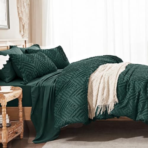 Image of Zzlpp Full Comforter Set 7 Pieces, Dark Green Tufted Bed in a Bag with Comforter and Sheets, All Season Boho Bedding Sets with Comforter, 2 Pillow Shams, 2 Pillowcases, 1 Flat Sheet, 1 Fitted Sheet