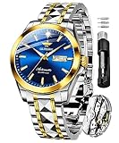 OUPINKE Men's Automatic Mechanical Watches Real-Diamond Gold Luxury Dress Self Winding Tungsten Steel Waterproof Mens Wrist Watch Blue Dual Date Father's Day