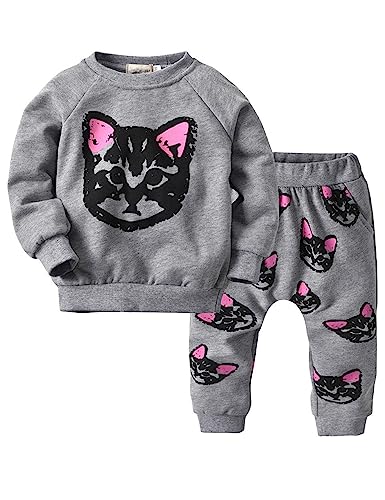 Image of puseky Toddler Kids Girls Cute Cat Sweatshirt Tops & Pants Tracksuit Outfits Set