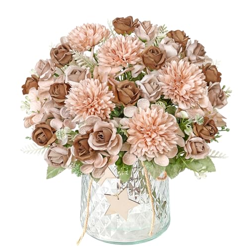 DEMIUKO 4 Bündel Kunstblumen Braun Hortensien Blumenstrauß Frühling Blumen Künstliche Rosen Wie Echt Fake Seidenblumen Innen Außen Blumen Deko für Hochzeit Party Küche Tisch Hause Blumenarrangement