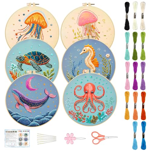 Image of ACRNIGHEET 6PCS Embroidery Kit for Adults Beginners, Sea Animals Embroidery Starter Kit, Stamped Cross Stitch Kits for Crafts Lovers Gift Idea, Include Instructions 6 Stamped Embroidery Cloth 2 Hoop