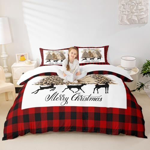 Kids Merry Christmas Duvet Cover Set King Size,Xmas Tree Leopard Snowflake Bedding Set,Girls Boys Adults Room/Cabin Decor,Geometric Grids Comforter Cover,Rustic Vintage Quilt Cover,3pcs,2 Pillowcases