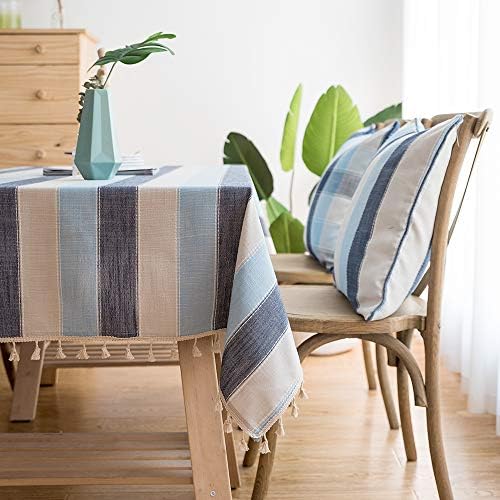 LINENLUX Striped Cotton Linen Tablecloth/Table Cover with Tassel Blue Navy Square/Round 53 X 53 in