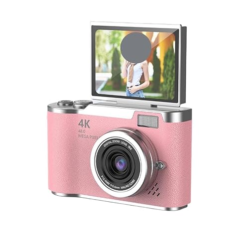4Kデジタルカメラ Wi-Fi転送対応 180°回転スクリーン デュアルレンズ 6軸手ぶれ補正 フラッシュ搭載 自撮り対応 レトロデザイン 初心者向け (64G,ピンク)