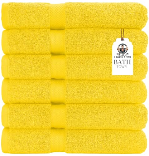 HERCULEAN Premium Bath Towels 24 x 48 Pack of 6 | Quick Dry and Highly Absorbent | 100% Cotton Terry Towels for Bathroom - Perfect for Shower - Pool and Spa - Luxury Soft Towels - Lemon Yellow