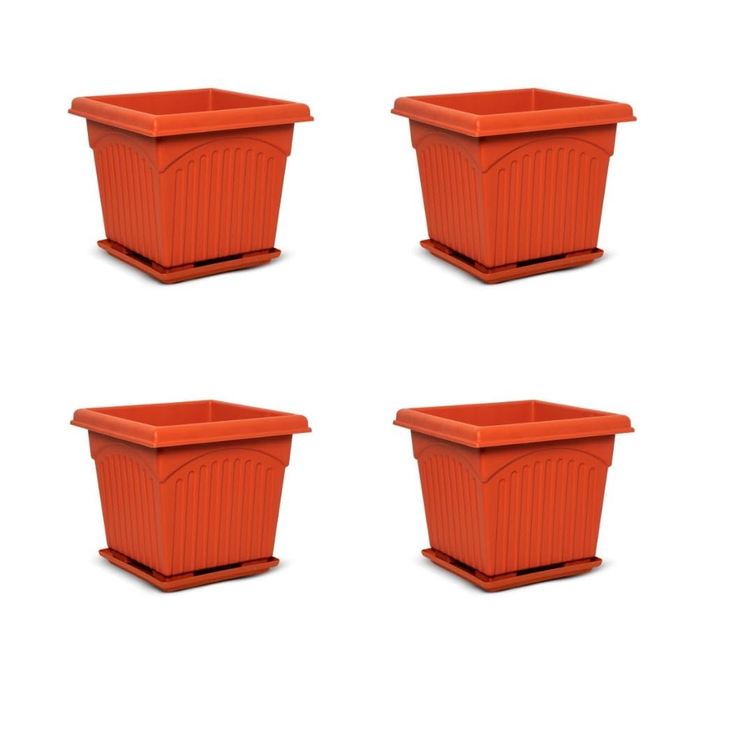 Green Live UV Treated Square Planter Pot | Gamla Planter Pots | Flower Planter Pot 10" with Bottom Tray for Indoor, Outdoor, Balcony and Gardening - Pack of 4 (Brown)