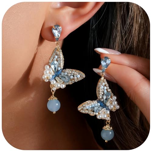 Dangle Flower Floral Blue Crystal Drop Earrings for Women, 14K Gold Plated, Hypoallergenic, Solid 925 Sterling Silver Post, CZ Cubic Zirconia Stud Earrings, Multilayer Tassel Chain, Wedding Bridal Statement Jewelry Gifts2