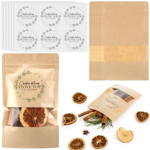 Colarr 100 Pcs Christmas Simmer Pot Bag and Sticker Set Resealable Stand up Potpourri Bag Kraft Paper Simmering Potpourri Bags with Transparent Window Tear Notch Pouch for Xmas Simmer Pot Party Favor