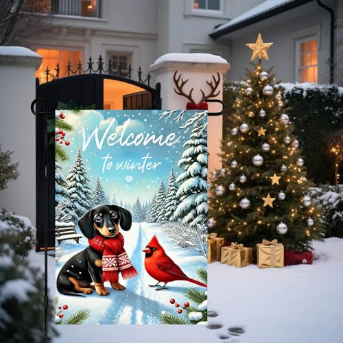 Image of BlissYard Winter Garden Flag Dachshund Cardinal Welcome 12 x 18 Inch