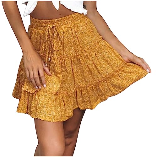 Minifalda casual para mujer, estilo bohemio, estampado floral, cintura alta, falda vintage con volantes y cintura elástica, falda de verano para la playa, con lazo frontal, My Orders 2025, amarillo, M