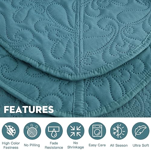 Image of Oversized King Bedspread, Embossed Paisley Quilt Set King /Cal King, Lightweight Reversible Coverlet, Scalloped Edge - Fresh Classic Look, 5 Piece, Lagoon