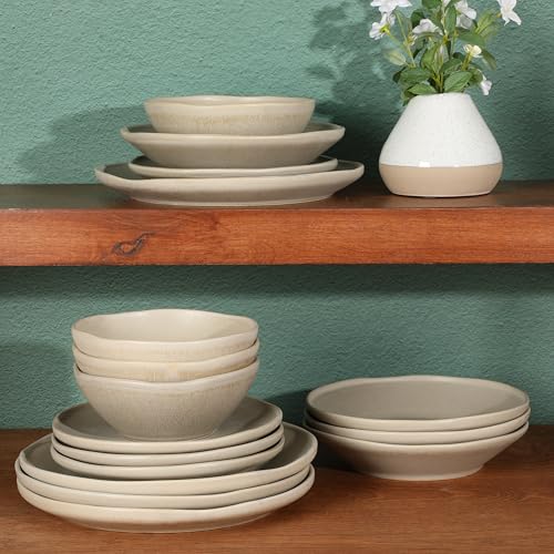 Image of Gibson Elite Island Cove 16 Piece (Service for 4) Plates and Bowls Reactive Glaze Organic Round Dishes Stoneware Ceramic Dinnerware Set -Light Grey