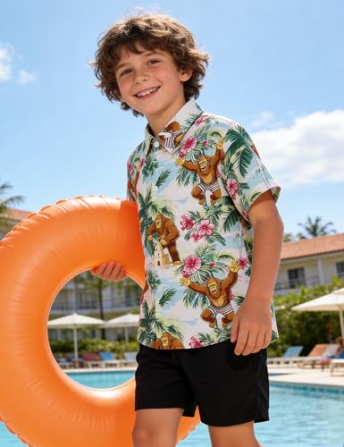Image of Boys Hawaiian Shirt Kids Button Down Aloha Beach Hawaii Tops 5-14Y | Quick Dry, Breathable, Cooling & Lightweight, For Summer Vacation Holiday, Fourth of July, Youth, Teen, Shark, Dinosaur
