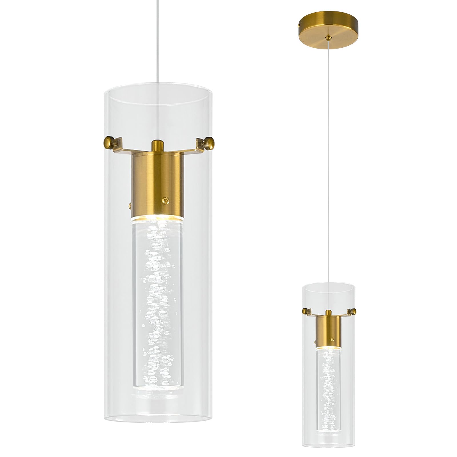 Pendant Ceiling Light Fixture for Kitchen Island, Gold Pendant Light Integrated LED Hanging Light with Crystal Bubble Glass Pendant Light Modern Pendant Lights Kitchen Island (1-Pack)