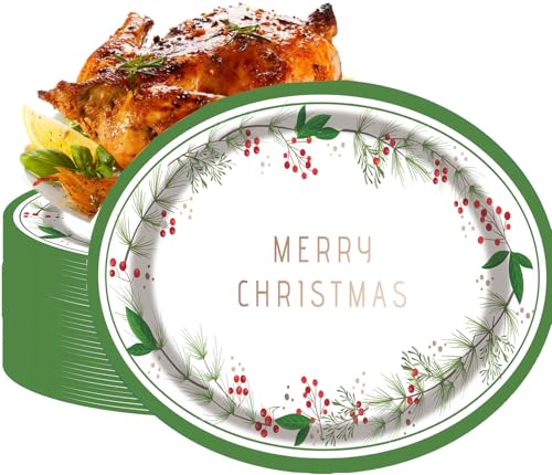 PAMMYAN 50 Pack Oval Christmas Paper Plates, MERRY CHRISTMAS with Holly Leaves Red Berries Plate, 13inch×10.6inch Heavy Duty Xmas Disposable Dinnerware for Christmas Party decorations Supplies PAMMYAN 50 Pack Oval Christmas Paper Plates, MERRY CHRISTMAS with Holly Leaves Red Berries Plate, 13inch×10.6inch Heavy Duty Xmas Disposable Dinnerware for Christmas Party decorations Supplies