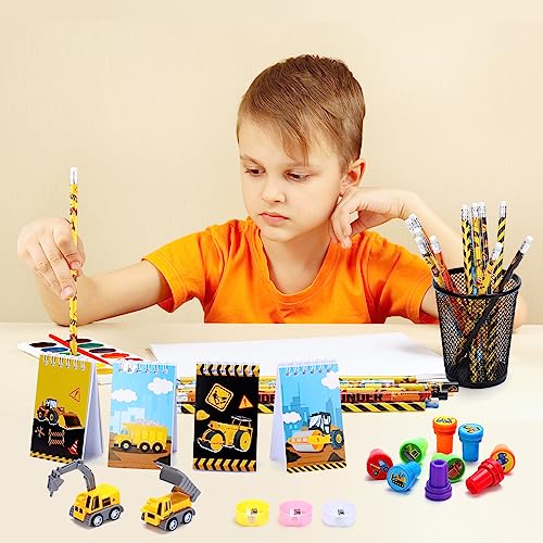 Seajan SEAJAN-PARTY FAVORS-01 84 Pcs Construction Party Favors Construction Mini Notepads Trucks Stickers Pencils Sharpener Mini Construction Vehicles Clear Bags Construction Birthday Party Supplies Classroom Gift Reward thumb #3