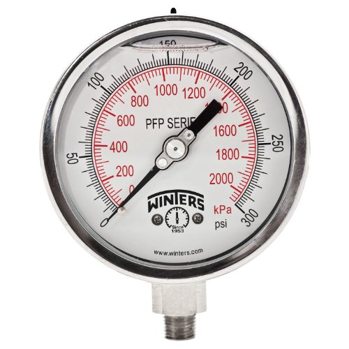 Winters PFP Series Premium Stainless Steel 304 Dual Scale Liquid Filled Pressure Gauge, 0-300 psi/kpa, 4