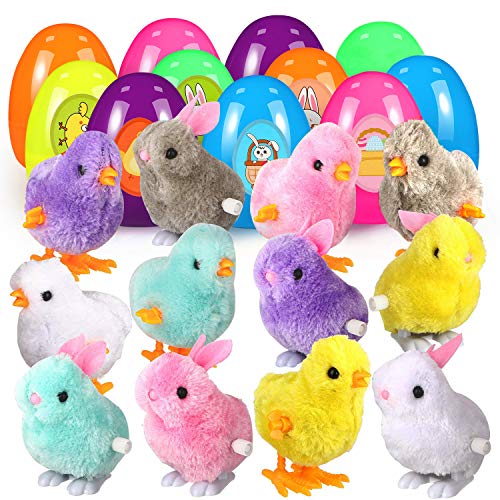 Lumiparty 12 Pack Easter Eggs Wind-Up Chicken Toy, 4â€ Large Colorful Plastic Easter Eggs for Easter Basket Stuffers, Easter Party Favors, Easter Egg Hunt with 2 Sheet Easter Stickers.