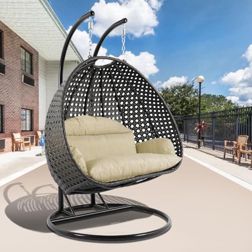 Image of Double Seater Hammock Swing Chair with Stand & Cushion | Heavy Duty Powder Coated Steel Frame | Outdoor Indoor Hanging Swing for Patio Balcony Garden Terrace Living Room (Grey-Honey)