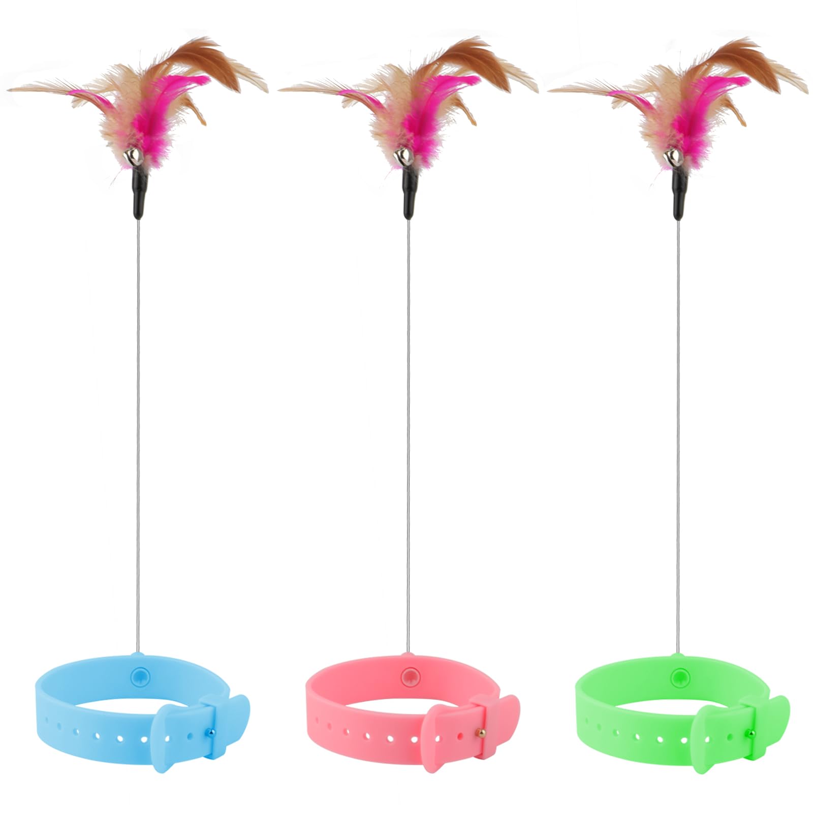 KALAMANDA Cat Collar Toy, 3 Pcs Cat Feather Toy with Neck Collar, Interactive Self Playing Toys with Bell for Indoor Kittens Small Animals(Pink/Blue/Green)